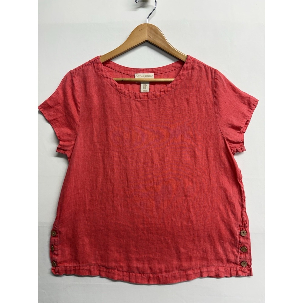 Cynthia Rowley 100% Linen Coral Red Short Sleeve Top Women's Medium Button Hem